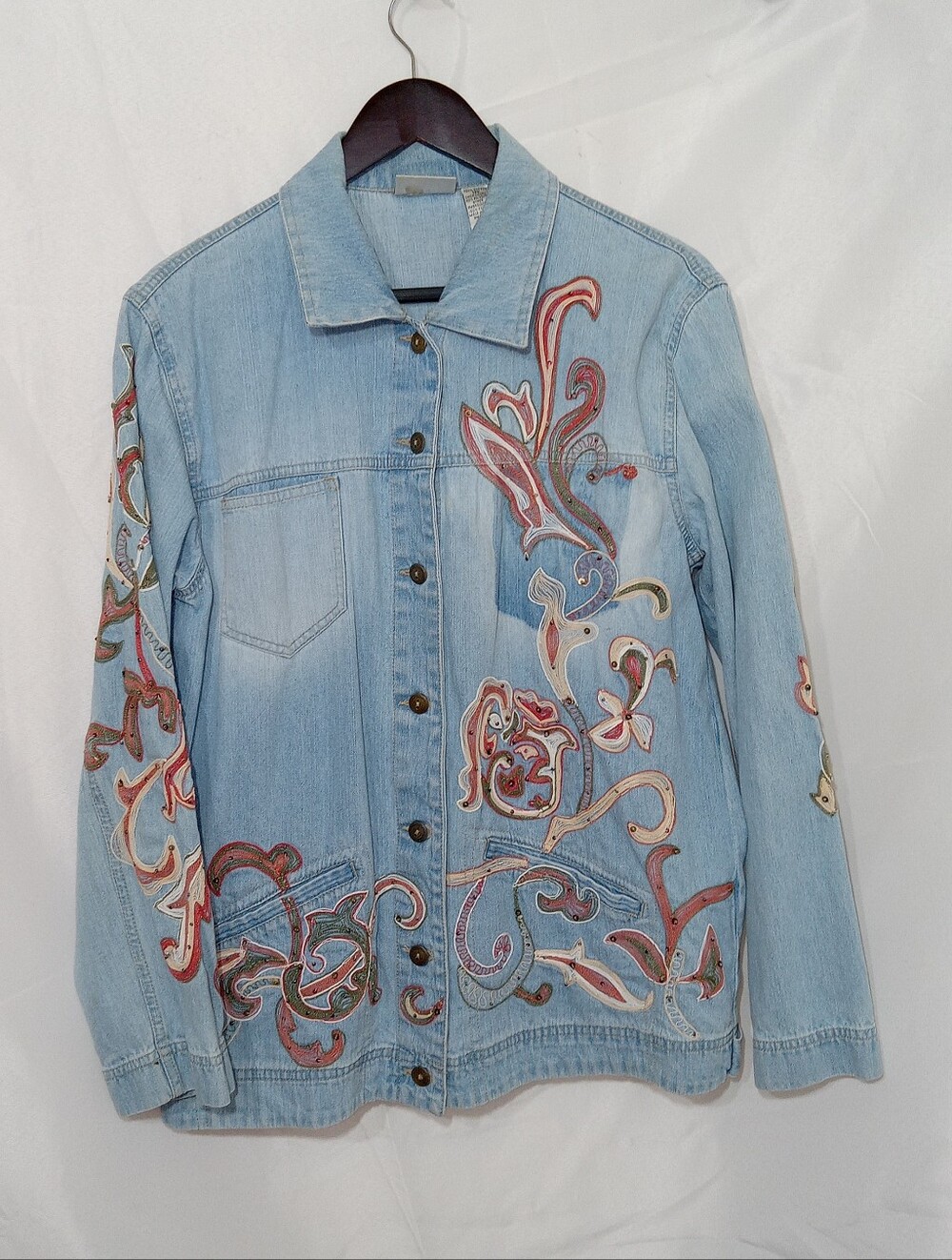 Vintage Chicos Design Embroidered Jean Jacket L Artsy Art to Wear Boho Denim